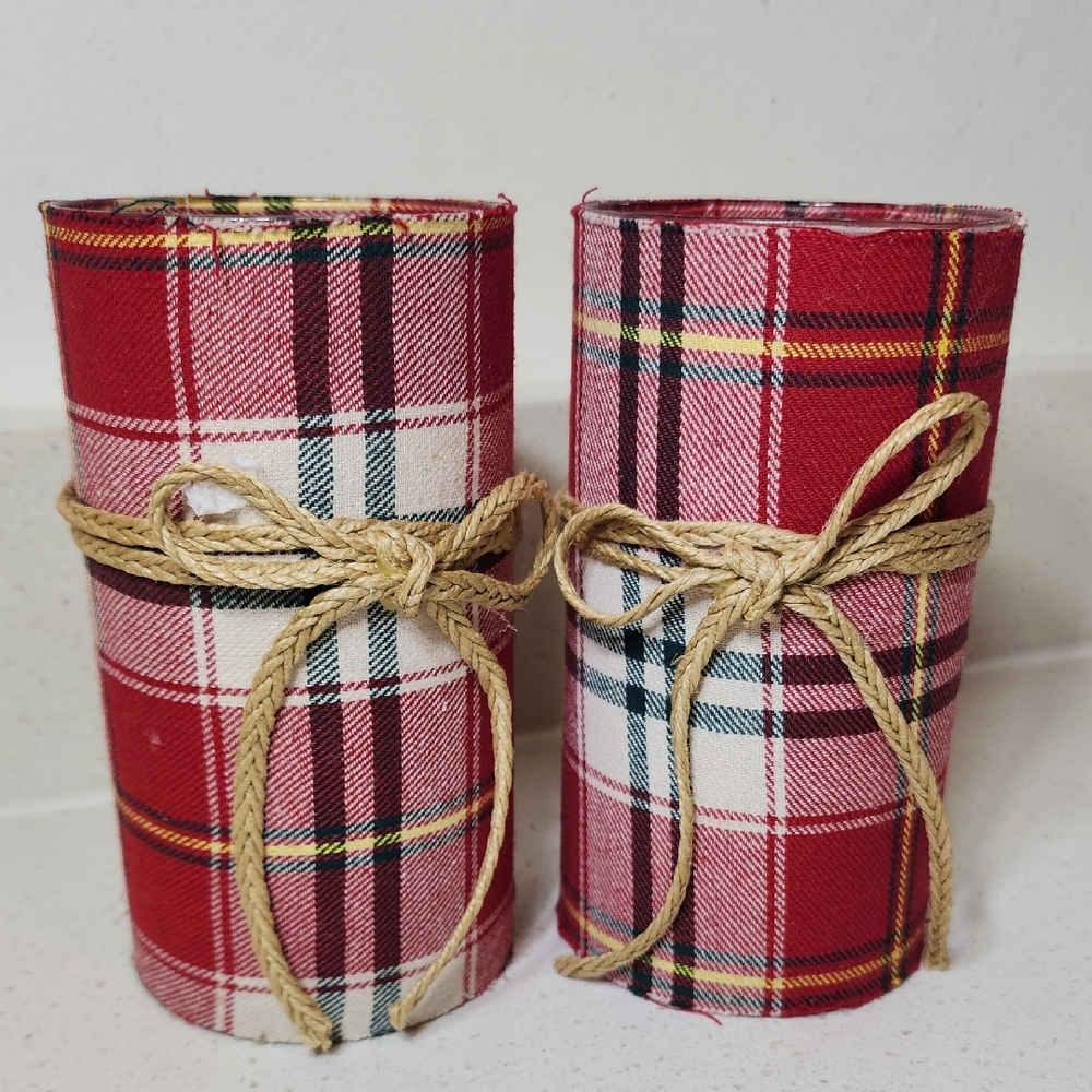 Plaid Decorative Candle Holders with Twine Bow